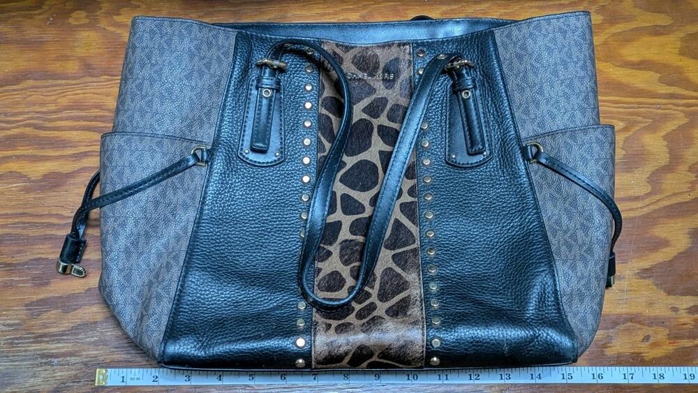 Michael Kors Uptown Astor Studded Tote Giraffe Calf Hair Black Michael Kors